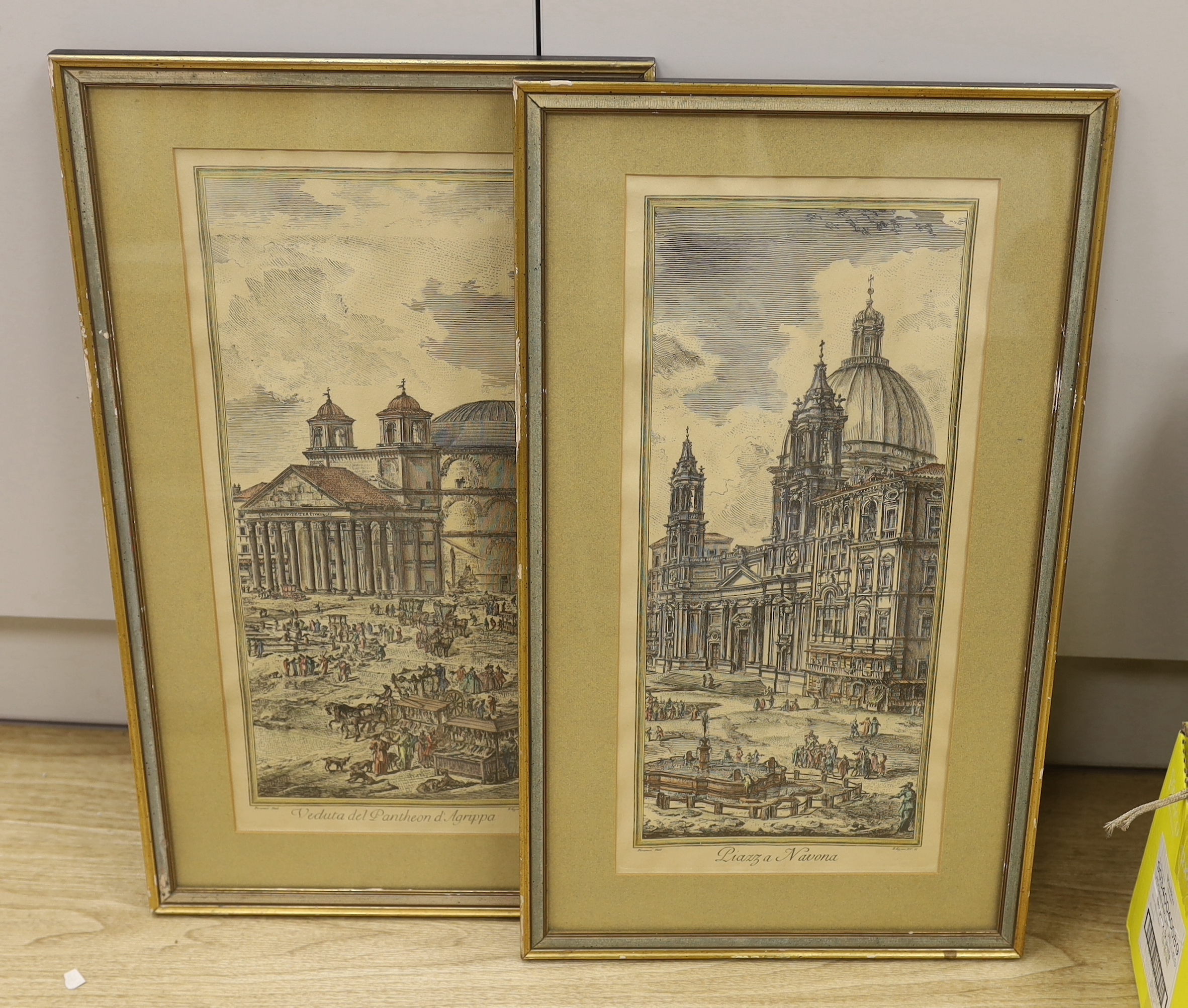 Seven 18th century and later prints & engravings, including after Piranesi, pair of hand coloured examples, comprising ‘Veduta Del Pantheon D'Agrippa’ and ‘Piazza Navona’ and after Jacobus Houbraken (1698-1780), Portrait